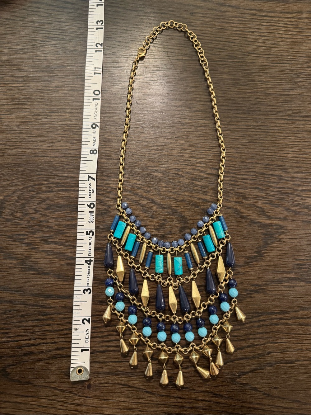 Stella & Dot Gold-Tone Bib Necklace with Turquoise, Navy Teal Beads Display - Picture 5 of 8